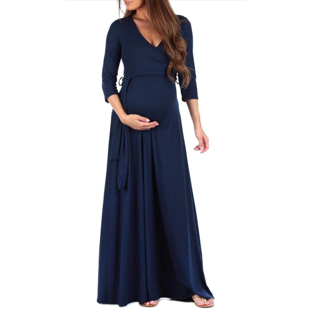 Mother Bee Maternity Navy Blue Faux Wrap Maxi Dress 3/4 Sleeve MBC011-8 Mens M